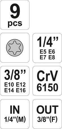 Klucze nasadowe TORX E5-E16 9szt YT-0520 YATO | CIS Sklep