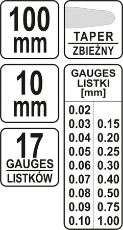 Szczelinomierz 100mm 17 listków 0,02-1mm YT-7220 YATO | CIS Sklep